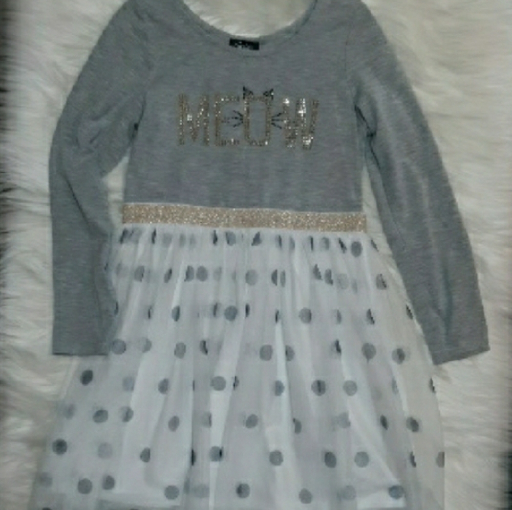 Gray and White Long Sleeve Polka Dot Tulle Dress  - Girls Size 8